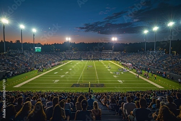 Fototapeta A crowded stadium buzzes with excitement as two high school football teams compete under the floodlights at dusk, with fans cheering, creating a vibrant atmosphere