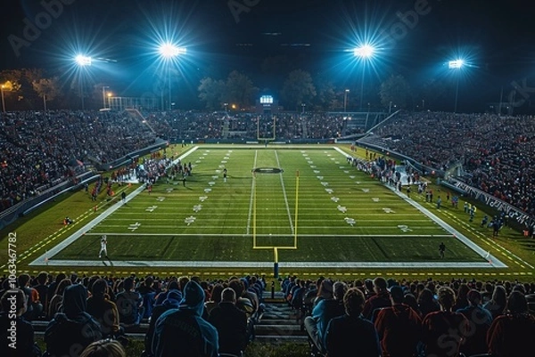 Fototapeta A thrilling high school football game takes place at night, filled with enthusiastic fans cheering on their teams under bright stadium lights