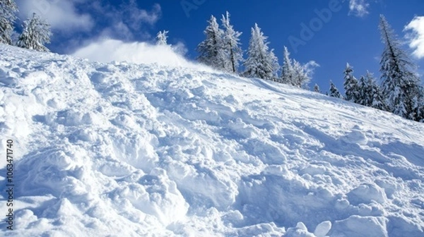 Fototapeta Snow-Covered Slope with Small Avalanches Sliding Down