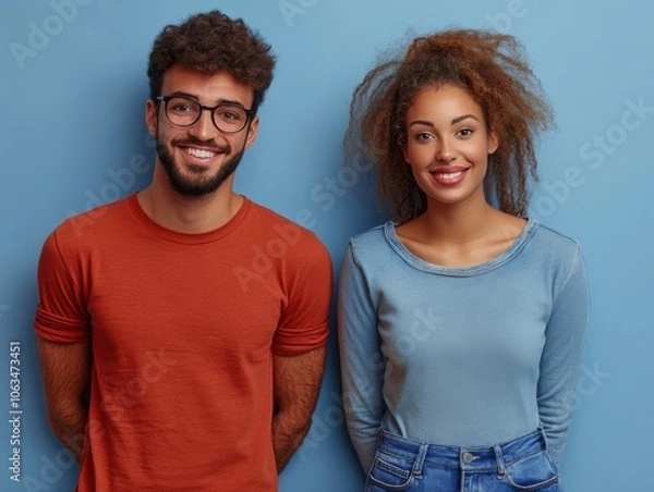 Fototapeta Two diverse individuals stand side by side against a solid blue background, smiling warmly at the camera.
