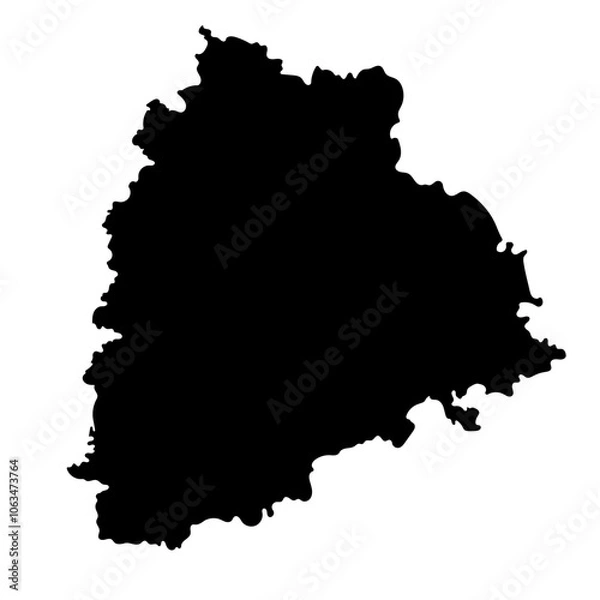 Fototapeta Hand drawn black map of Telangana, Indian state. Silhouette, geography. Vector isolated on white background	