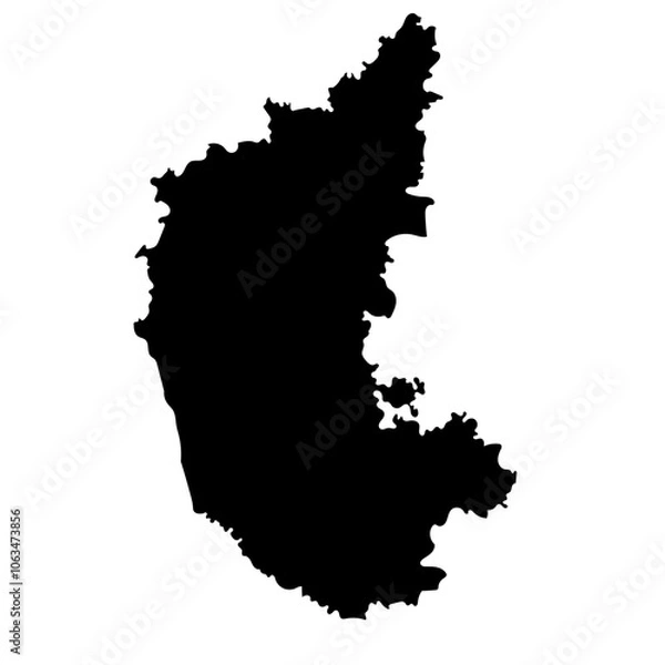 Fototapeta Hand drawn black map of Karnataka, Indian state. Silhouette, geography. Vector isolated on white background	