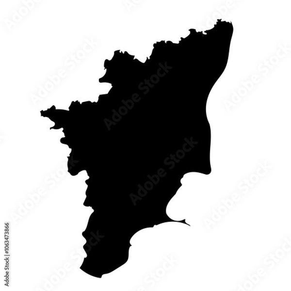Fototapeta Hand drawn black map of Tamil Nadu, Indian state. Silhouette, geography. Vector isolated on white background	