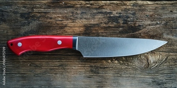 Fototapeta A kitchen utility knife featuring a red handle set against a wooden backdrop. This practical kitchen tool combines functionality with a striking red handle against wood.