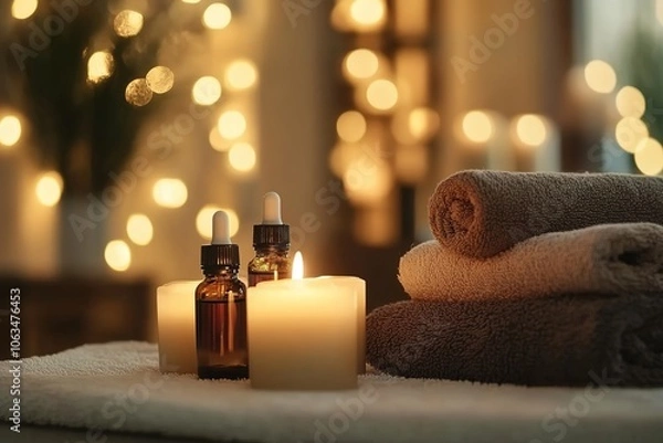 Fototapeta 
Candles, towels, and essential oil bottles on a table in a spa salon with blurred lights