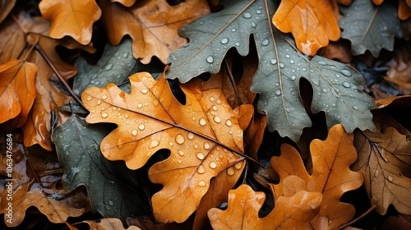 Fototapeta A close-up of autumn leaves, adorned with raindrops, showcasing the intricate details of nature's beauty