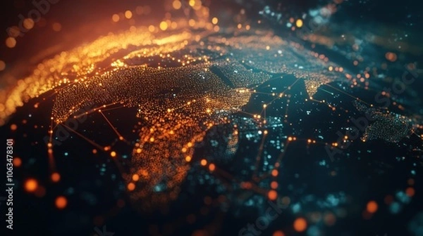 Fototapeta Global digital map data world analysis internet network connection glows bright orange background wallpaper AI generated image