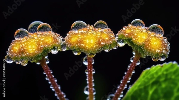 Fototapeta Glistening Spilanthes, commonly known as the Zombie Plant, adorned with delicate beads of water, captures the beauty of nature. This Spilanthes image offers ample copy space for creative use.