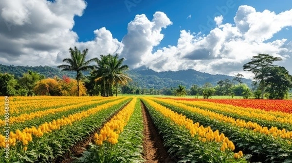 Fototapeta Vibrant canola field on a rural farm, with colorful trees complementing the scenery. The canola field embodies the beauty of agriculture, offering ample photo style copy space.