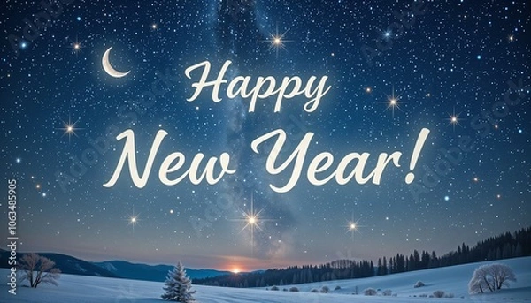 Fototapeta Happy New Year greeting card with starry sky and snowy landscape at twilight