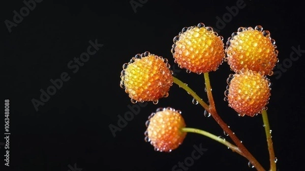 Fototapeta Glistening Spilanthes, commonly known as the Zombie Plant, adorned with delicate beads of water, captures the beauty of nature. This Spilanthes image offers ample copy space for creative use.