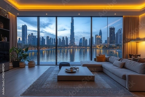 Fototapeta dubais iconic burj khalifa glistening at night viewed from a stylish living room with a plush couch and coffee table soft golden lights casting a cozy ambiance creating an inviting urban oasis