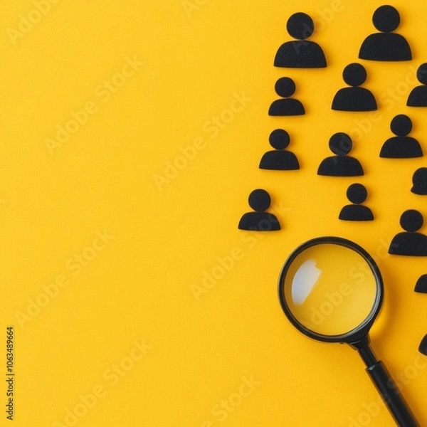 Fototapeta A magnifying glass beside black human figures on a yellow background.
