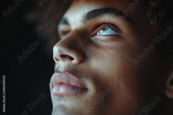 Fototapeta A thoughtful young man gazes upward, deep in contemplation, set against a dark background. The lighting emphasizes his facial features and expression.