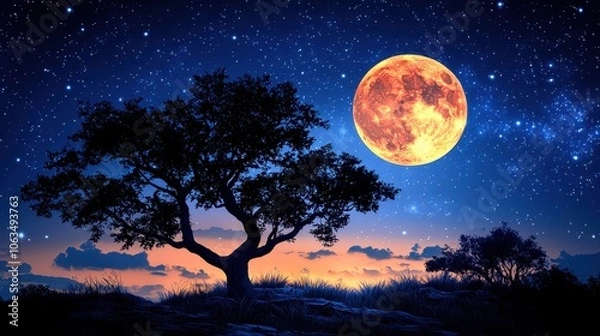 Fototapeta Silhouette of a Tree Against a Night Sky with a Large Full Moon