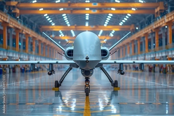Fototapeta Engineers collaborating on military drone development for combat operations and warfare applications