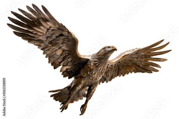 Fototapeta a bald eagle soars gracefully against a pristine white backdrop, showcasing intricate details in dark brown and yellow hues