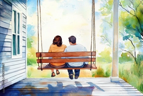 Fototapeta Couple sitting on a swing, enjoying a peaceful moment in nature's embrace.