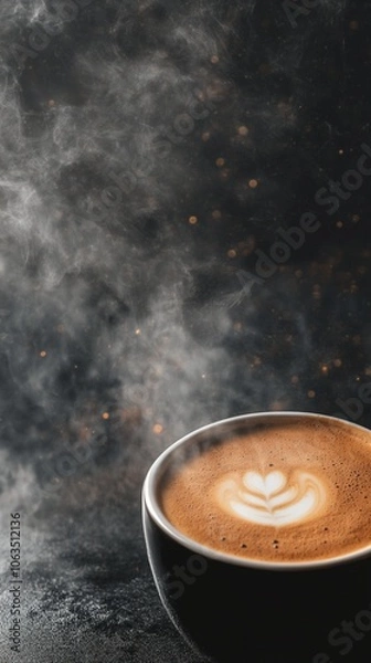 Fototapeta Aromatic latte art in a dark ceramic cup, steam rising against a moody black background with glowing particles, creating a mystical coffee ambiance.