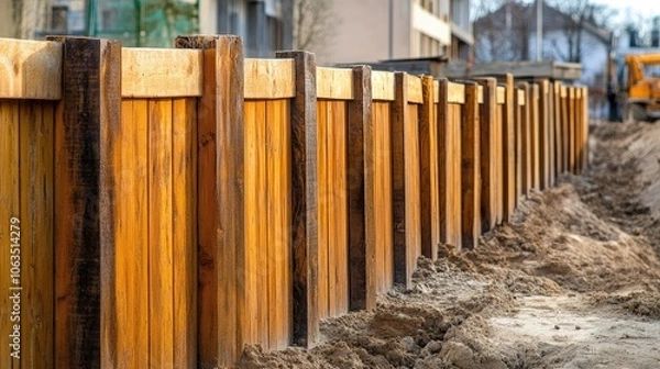 Fototapeta Temporary wooden fence around a construction site creates a distinct boundary, emphasizing the construction site with a rustic touch, complemented by ample photo style copy space.
