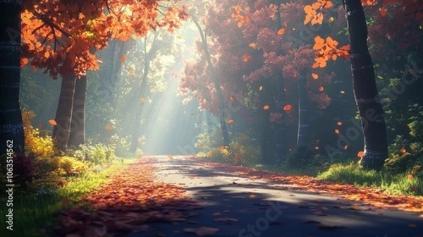 Fototapeta A picturesque road through a forest in autumn, with sunlight shining through the trees and leaves falling.