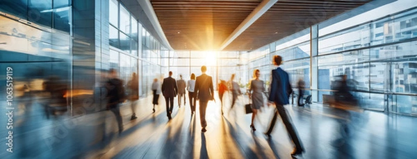 Obraz A bustling office lobby during sunset with blurred people in motion, emphasizing the busy and energetic corporate environment