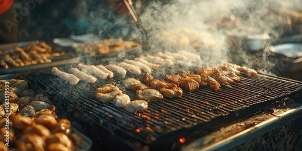 Fototapeta Visualize a diverse selection of fish and chicken sizzling on a charcoal grill, showcasing fresh seafood being expertly prepared at a bustling fish market.