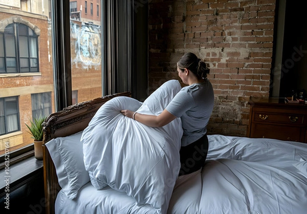 Fototapeta Bedding Set Image - A person arranging bedding on a bed in a stylish room with exposed brick walls.
