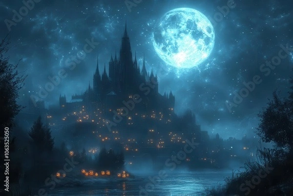 Fototapeta gothic castle looming under a full moon silhouette highlighted by the eerie glow of jackolanterns scattered around casting an enchanting and haunting atmosphere on a crisp halloween night