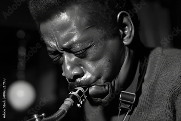 Fototapeta Intense close up of a black saxophonist playing with passion and energy, ideal for text overlay