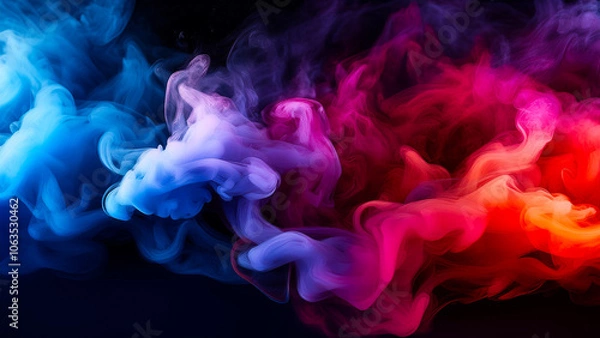 Fototapeta Thick clouds of blue, purple and red smoke mix to create smooth gradients against a dark background.