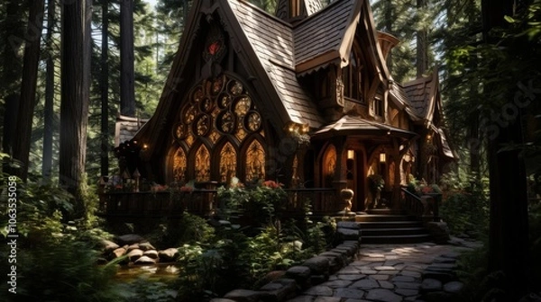 Fototapeta A fairytale cottage with intricate stained glass windows nestled amidst towering trees and a babbling brook.