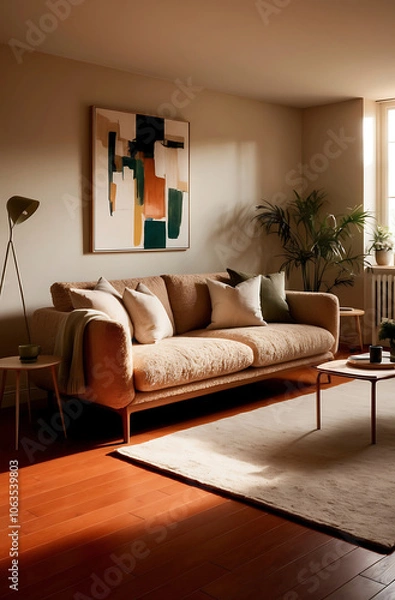 Fototapeta Scandinavian home interior design of modern living room. Elegant room with an orange floor soft boucle sofa, abstract art, and  decor creating a cozy, warm atmosphere.