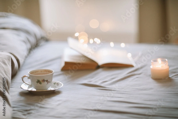 Fototapeta A cup of coffee and a book lying on the bed in a white bedroom
