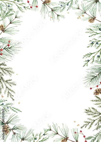 Fototapeta Christmas greenery fir branches frame. Borders for holiday greeting card and invitation. Watercolour Illustration. Hand painted winter plants. Xmas template.