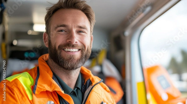 Fototapeta Smiling man in an orange safety jacket inside an emergency vehicle, exuding confidence and readiness. His friendly demeanor reflects commitment to safety and service