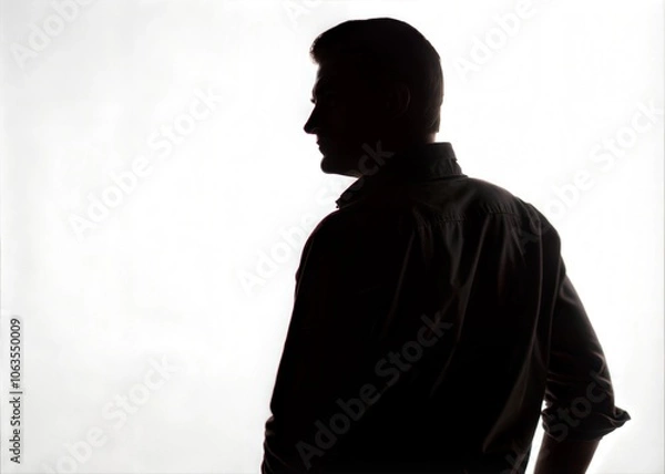 Fototapeta Silhouette of a man, front view, against a white background, with no face visible