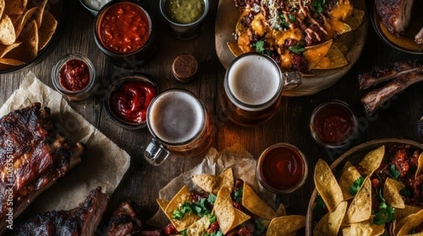 Fototapeta Two beer mugs brimming with amber ale, surrounded