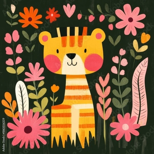 Fototapeta A cheerful, cartoon-style tiger surrounded by colorful flowers and foliage.