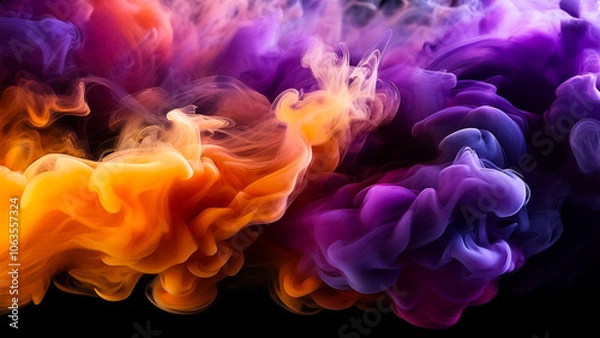 Fototapeta Thick clouds of purple and orange smoke mix to create smooth gradients against a dark background.