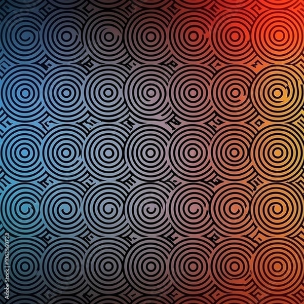 Fototapeta A vibrant, abstract pattern featuring intricate circular designs in a gradient of blue, orange, and red tones, creating a visually striking and modern aesthetic.
