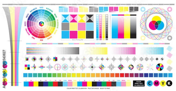 Obraz Set illustration of CMYK Print Test Calibration Chart for CTP Printing, with micro printing test.