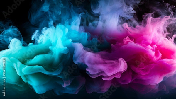 Fototapeta Thick clouds of blue and pink smoke mix to create smooth gradients against a dark background.