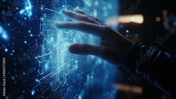 Fototapeta Exploring the future a hand reaching out to interact with virtual data holograms