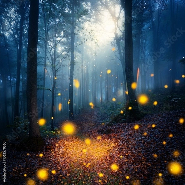 Fototapeta ホタルが光を放つ森の中の幻想的な秋の夜。
