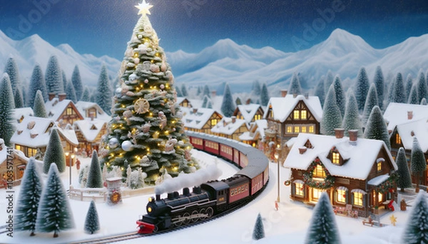 Obraz christmas miniature diorama. A fairytale Christmas scene with a snow-covered winter village and warm light.