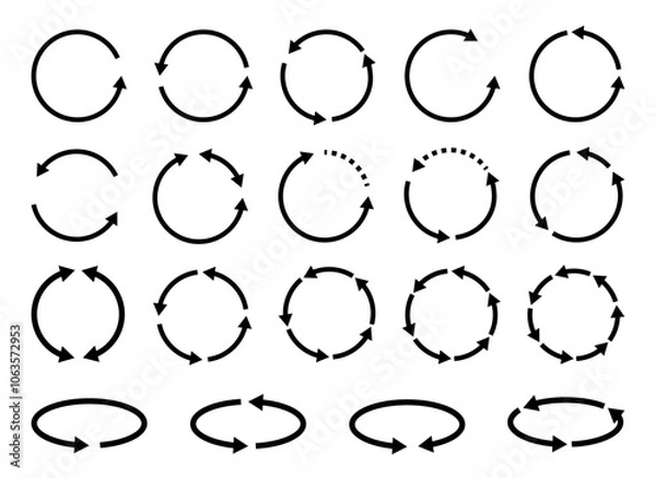 Obraz Dynamic arrow icons. Set of circular arrows in black, showcasing various designs for reload and refresh actions PNG
