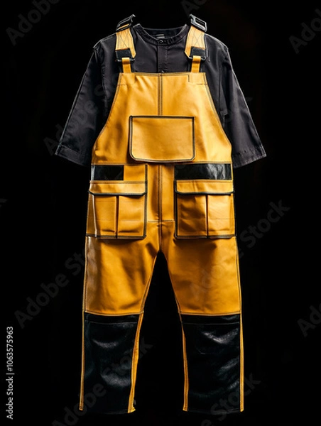 Fototapeta  Front view of red and black men's leather overalls with a shirt, against a dark background.