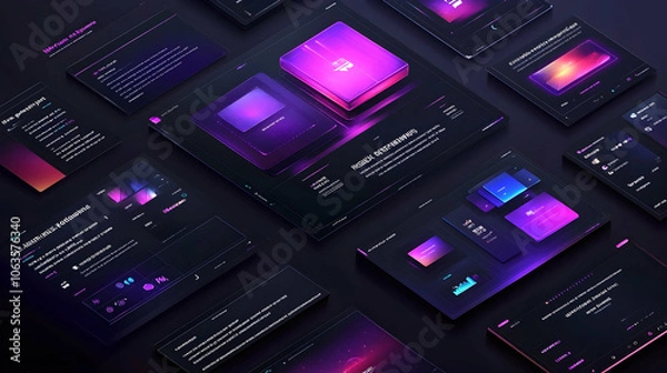 Obraz Futuristic isometric UI design concept with neon color accents on dark background.