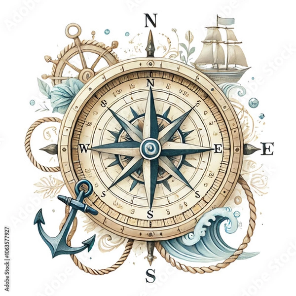 Obraz Vintage nautical compass with intricate maritime elements, including anchor, rope, ship wheel, and waves, representing exploration and adventure.